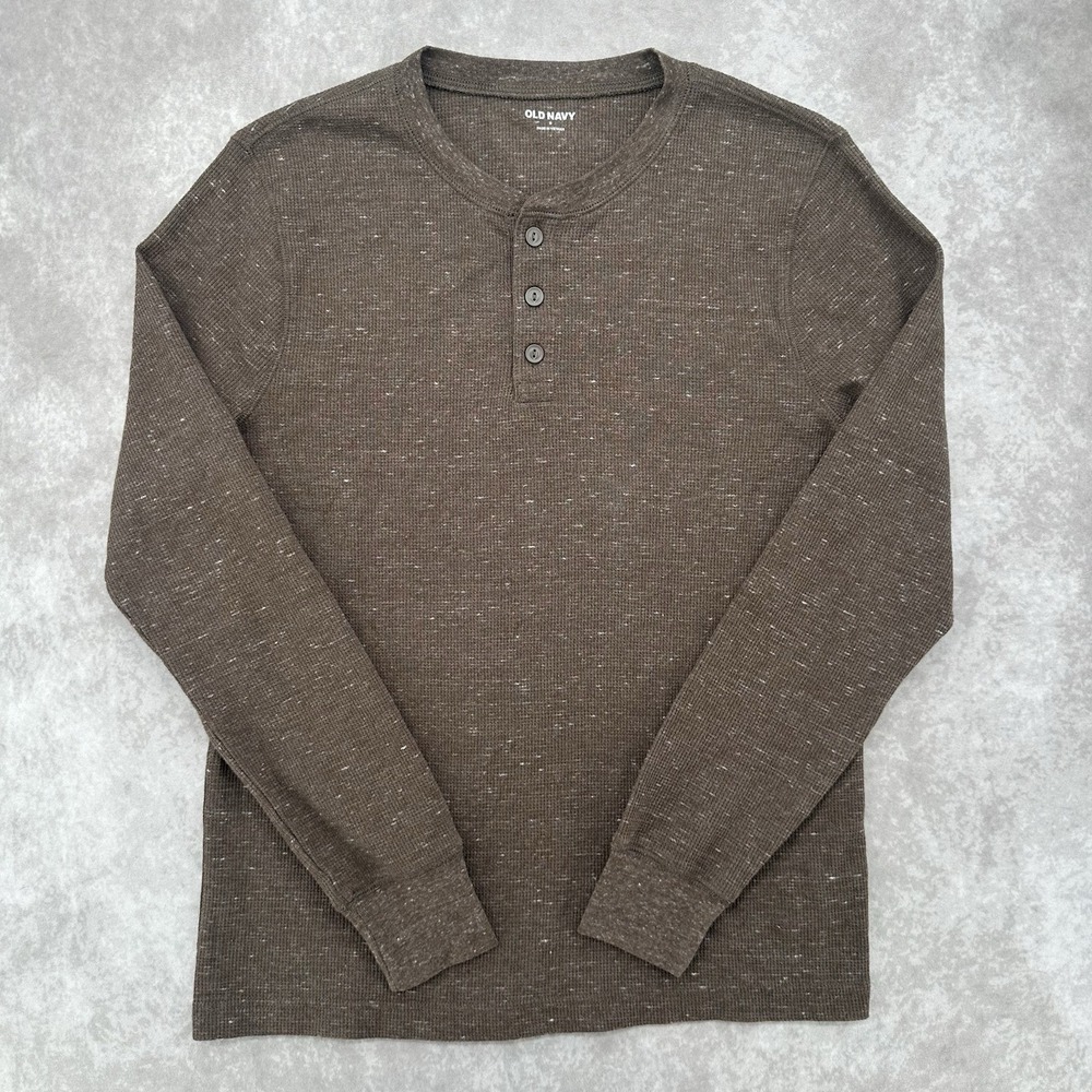 Old Navy Men's Small Brown Thermal Henley Waffle Knit Long Sleeve Shirt